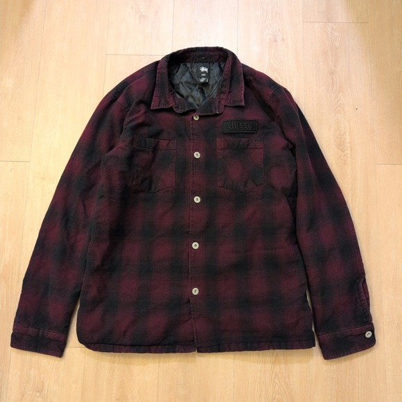 Stussy Other - Stussy Men's XL Quilted Flannel Shirt Jacket Burgundy Black Plaid Logo Patch